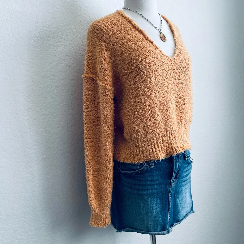 We the Free Free People Orange Eyelash  V-Neck Cropped Sweater